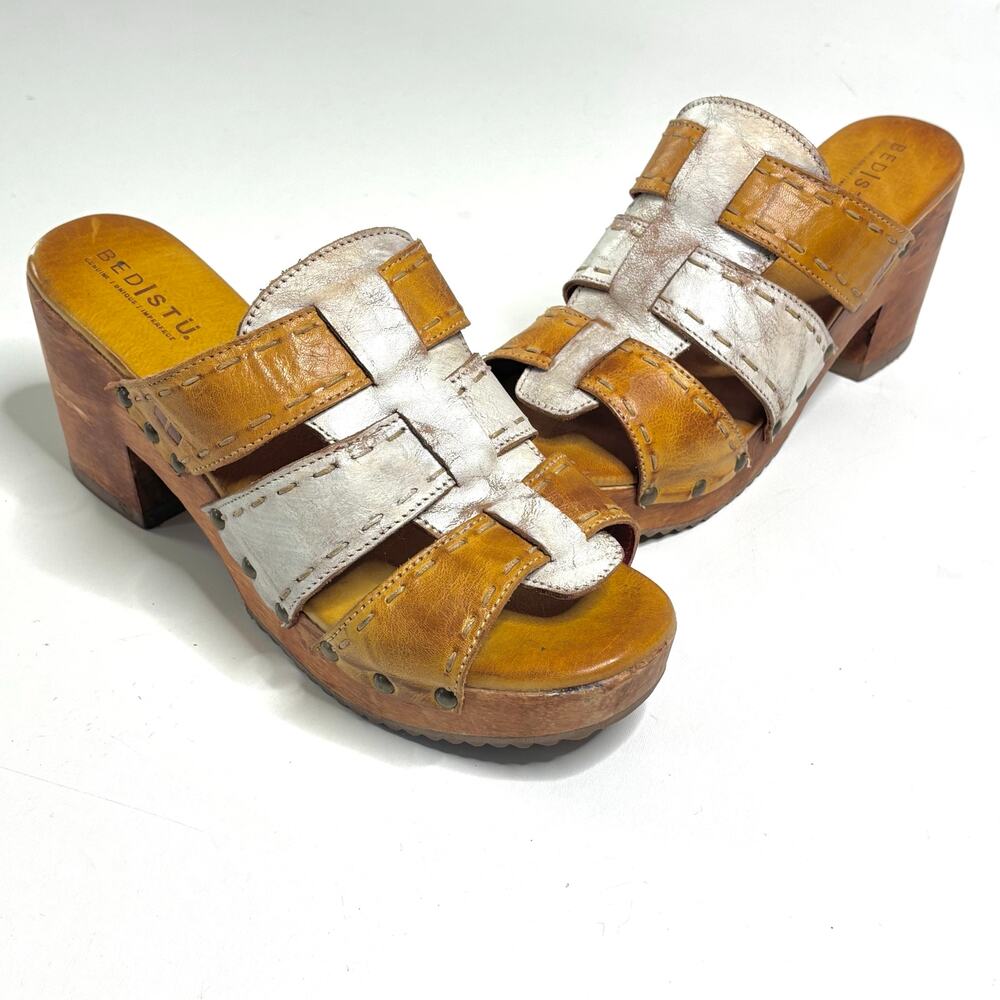 Bed Stu Enticing  Leather Wood Slide Chunky Strappy Sandal Brown 11